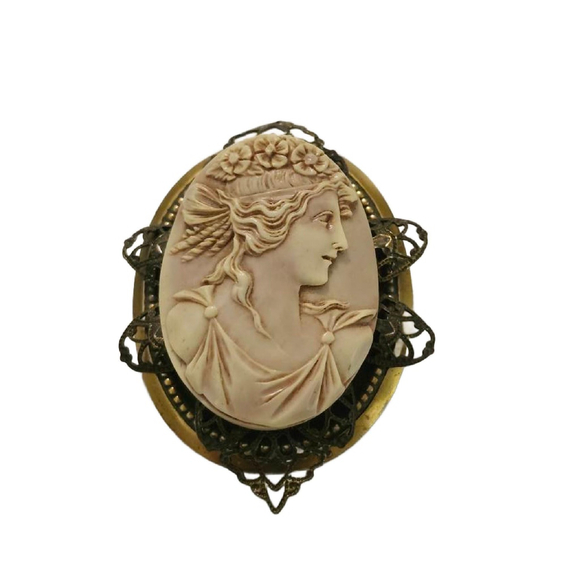 Vintage Victorian Revival Cameo Brooch Brass Frame 2.25" Tall - Picture 1 of 10